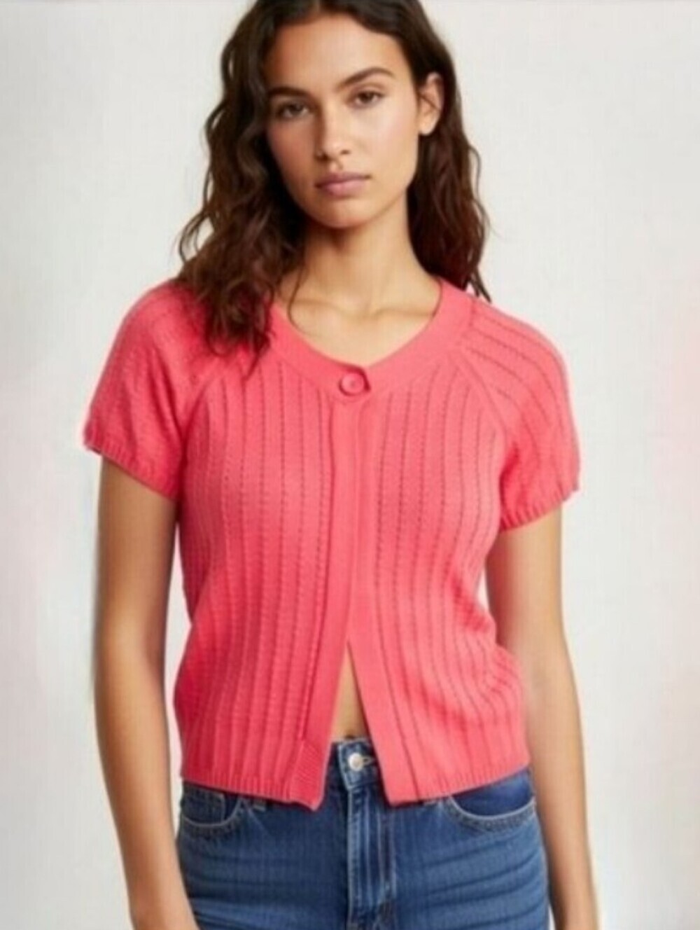 St. John's Bay Women's Coral Pink Shirt Sleeve Single Button Cardigan Sweater